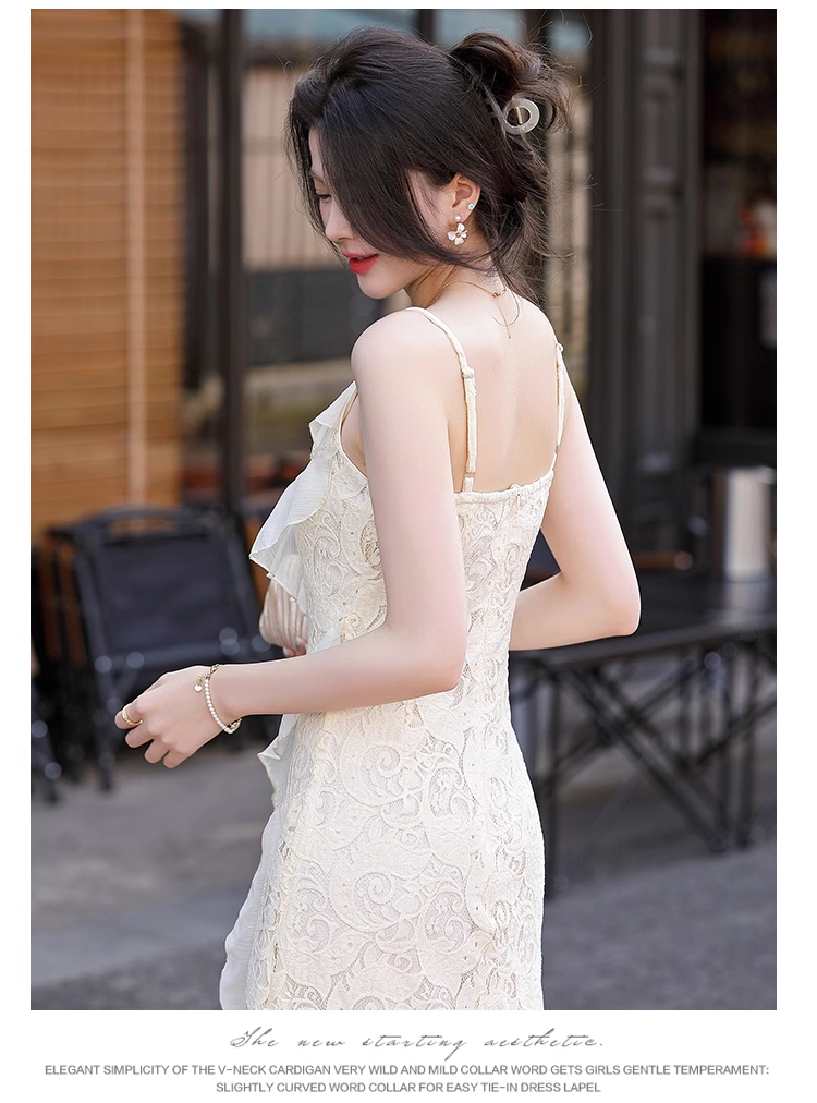 Vintage Fashion Beige Irregular Ruffled Hem Design Elegant A-line Spaghetti Strap Dress TP3354