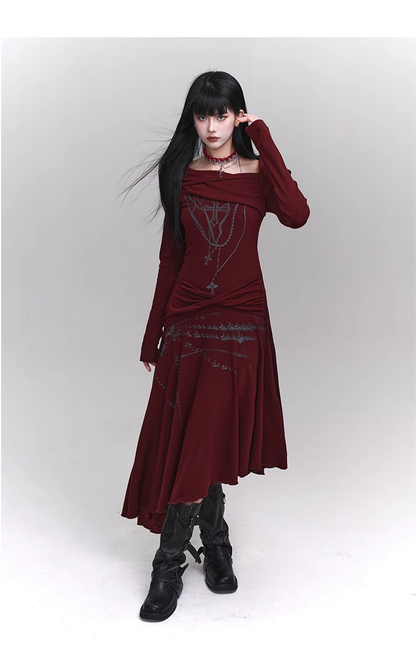 New Fashion Irregular Hemline Design Red Long-sleeved Dress TP2941