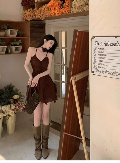Sweet V-neck Irregular Ruffled Hem Design A-line Spaghetti Strap Dress TP3574