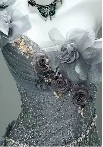 Vintage Gray Ruffled Organza One-Shoulder 3D Floral Beaded Prom Dress TP5867