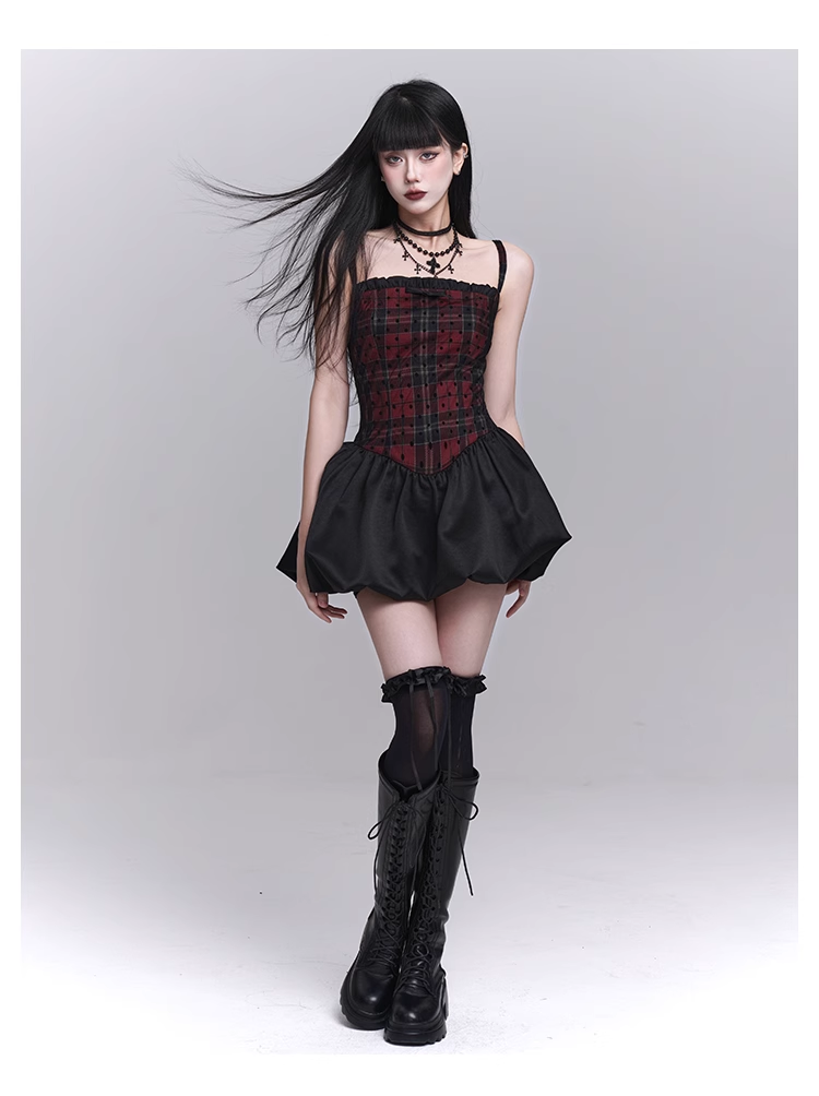 Simple Fashion Red Black Plaid Design Spaghetti Strap Dress TP2951