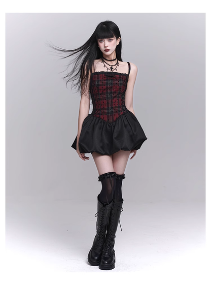 Simple Fashion Red Black Plaid Design Spaghetti Strap Dress TP2951