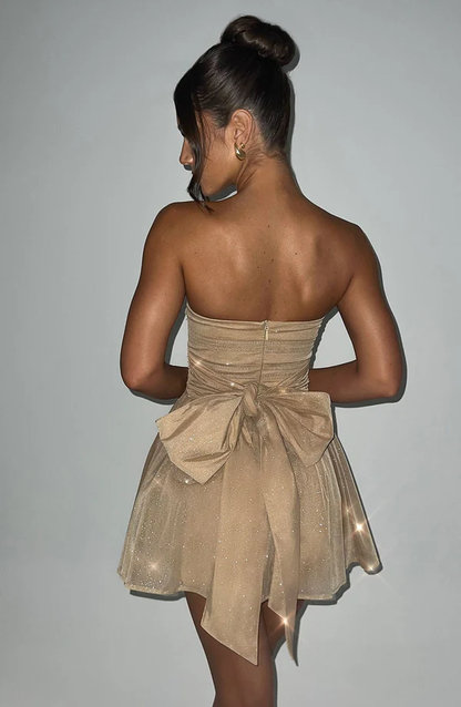Vintage Champagne Strapless Glitter Tulle Ruched A-Line Homecoming Dress TP5997