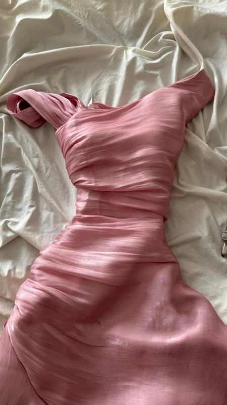 Pink Asymmetric Ruched Mermaid Evening Dress – Satin Ruffled Formal Gown TP5072