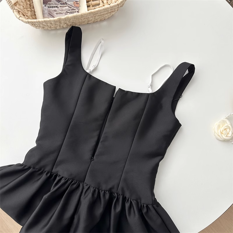 New Fashion Fake Two-piece Dress Design Black A-line Sleeveless Spaghetti Strap Dress TP3281