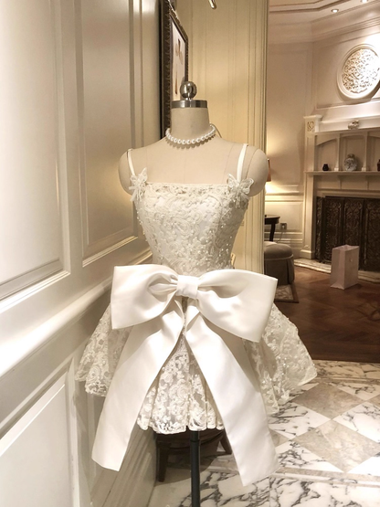 Vintage White Lace Bowknot Design Spaghetti Strap A-Line Homecoming Dress Party Dress Cocktail Dress TP4728