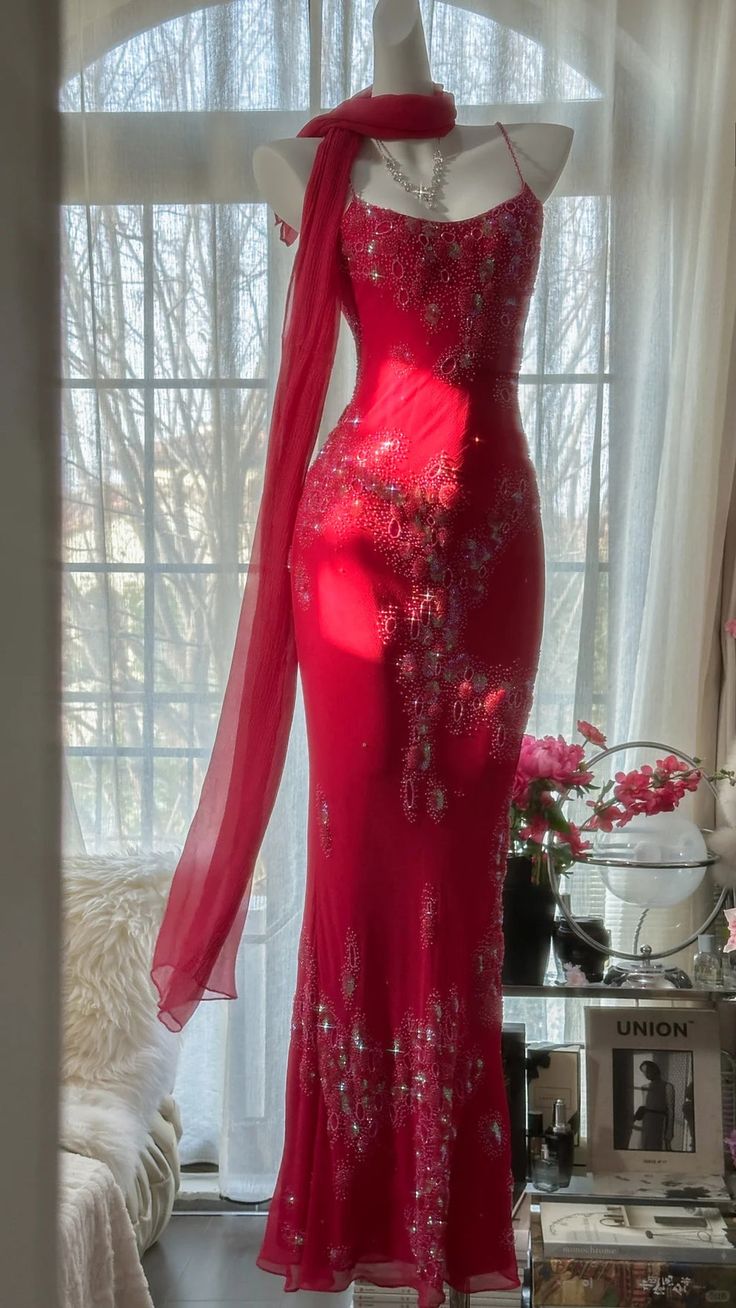 Vintage Red Chiffon Shiny Beaded Spaghetti Strap Mermaid Long Prom Dress Evening Dress TP4569