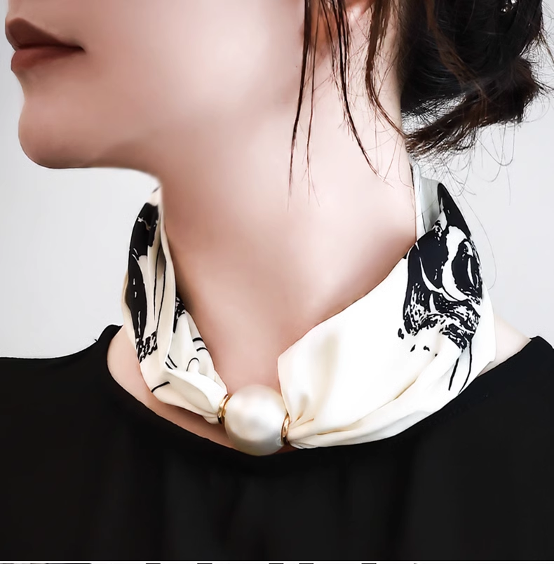 Vintage Floral Design Magnetic Buckle Pearl Soft Silk Scarf TP3135