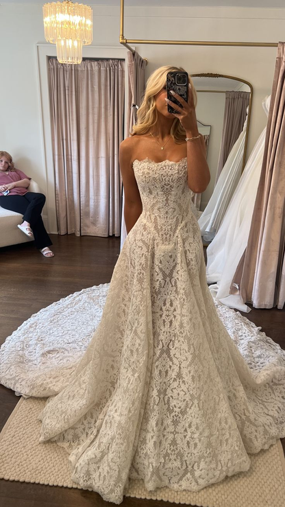 Romantic Strapless A-Line Floral Lace Long Train Wedding Dress TP5992