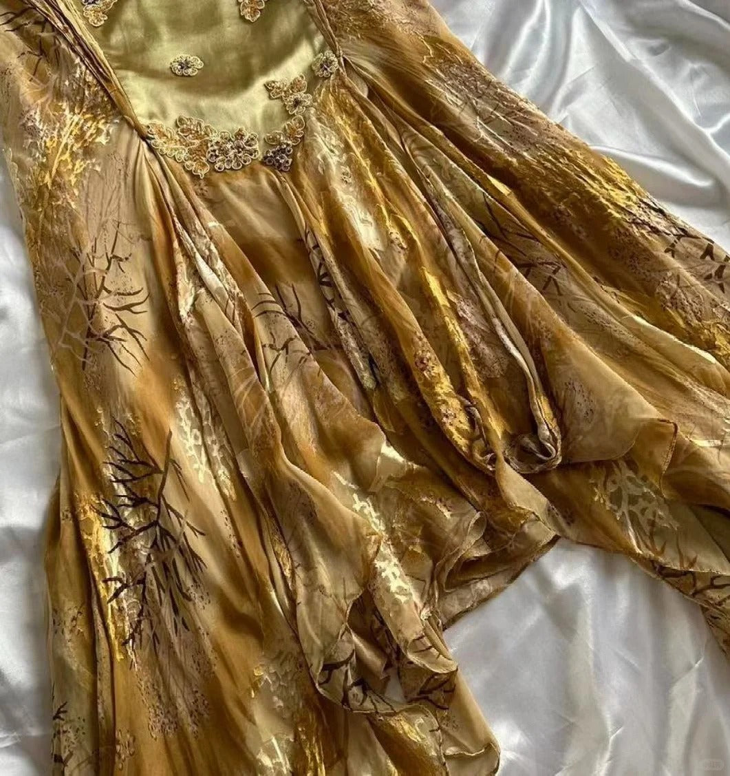 Vintage Golden Sweetheart Applique A-line Spaghetti Strap Evening Dress Prom Dresses TP3930