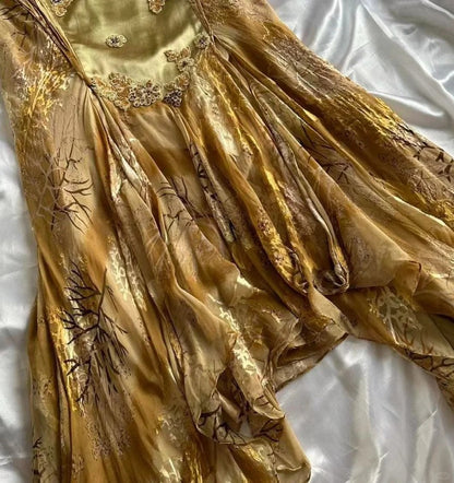 Vintage Golden Sweetheart Applique A-line Spaghetti Strap Evening Dress Prom Dresses TP3930