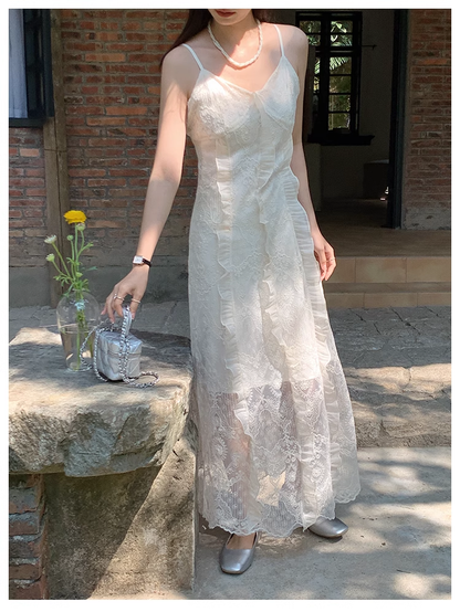 New Fashion White Floral Design Lace A-line V-neck Spaghetti Strap Dress TP3344