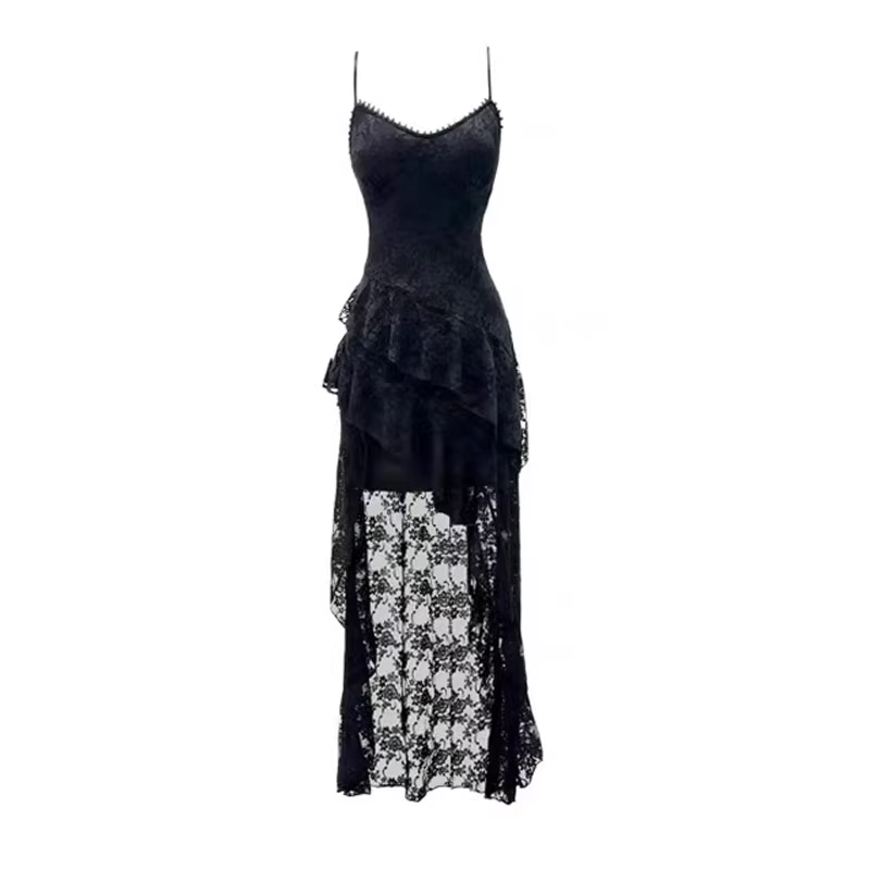 Fashion Black Irregular Ruffled Lace Hem Dress A-line Sleeveless Spaghetti Strap Dress TP3260