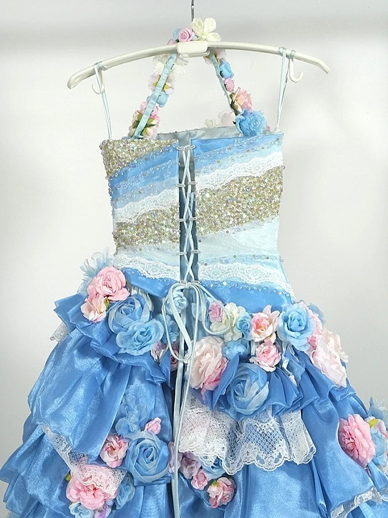 Glamorous Ombre Blue Floral Halter Neck Ruffled Tulle 3D Roses Sweet 15 Quinceanera Ball Gown TP5489