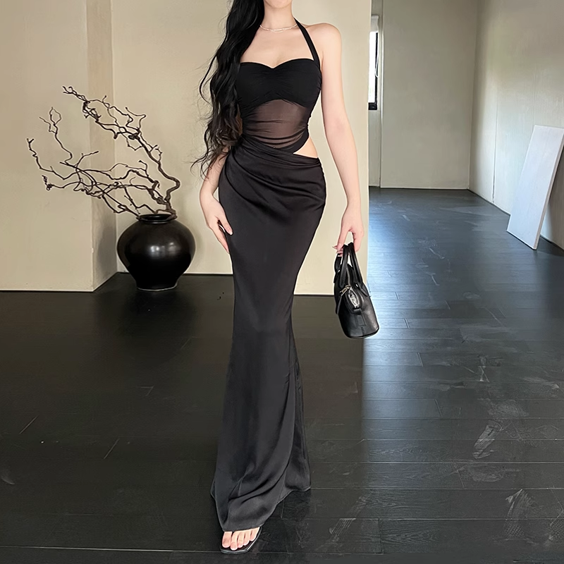 Women New Fashion Black Gauze Satin Halter Dress TP2869