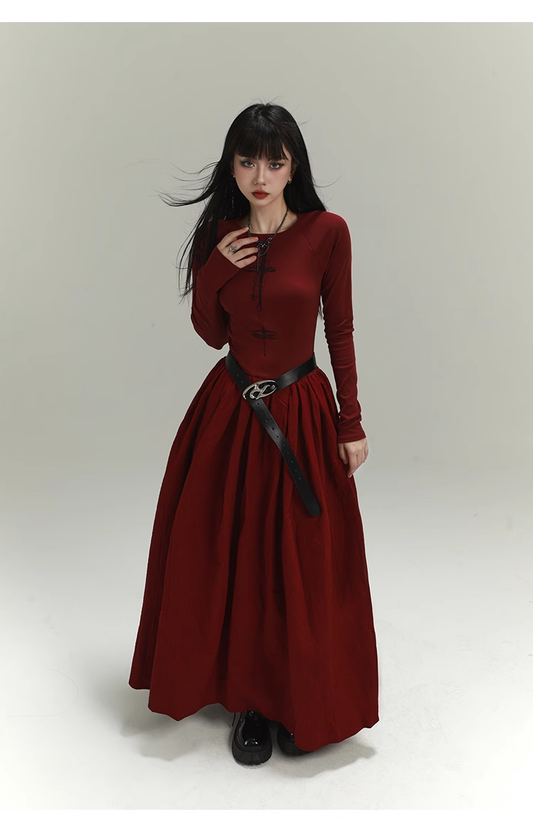 Vintage Elegant Simple Backless Red Long-sleeved Dress TP2917
