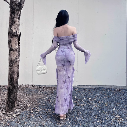 Women Elegant Mesh Butterfly Print Lavender Slim Long-sleeved Dress TP2899