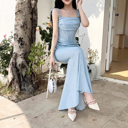 Vintage Shiny Light Blue Spaghetti Strap Mermaid Long Summer Dresses Prom Dress Evening Dress TP4359