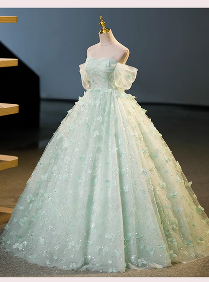 Vintage Light Green Tulle Sweetheart Off-the-shoulder 3D Flowers A-Line Floor Length Quinceanera Ball Gown TP5193