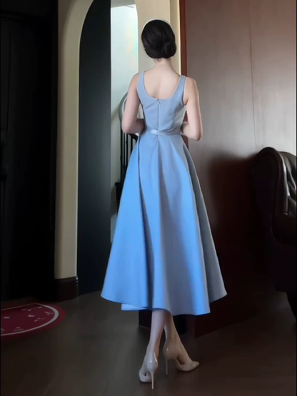 Elegant Dusty Blue Satin Sleeveless A‑Line Tea‑Length Bow Detail Evening Dress TP6086