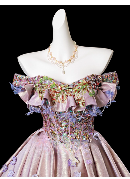 Vintage Pink Sequin Satin A-Line 3D Flowers Off-the-shoulder Long Quinceanera Ball Gown TP5213