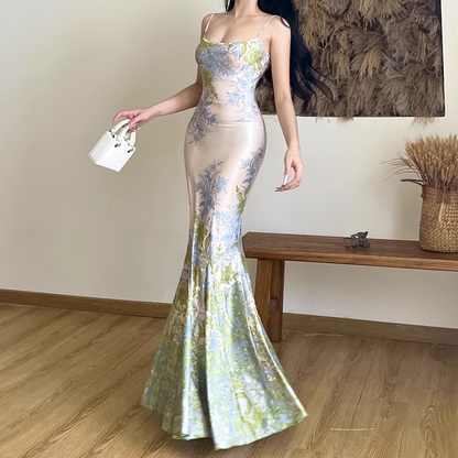 Elegant Floral Spaghetti Strap Mermaid Long Summer Dress Prom Dress Evening Dress TP4351