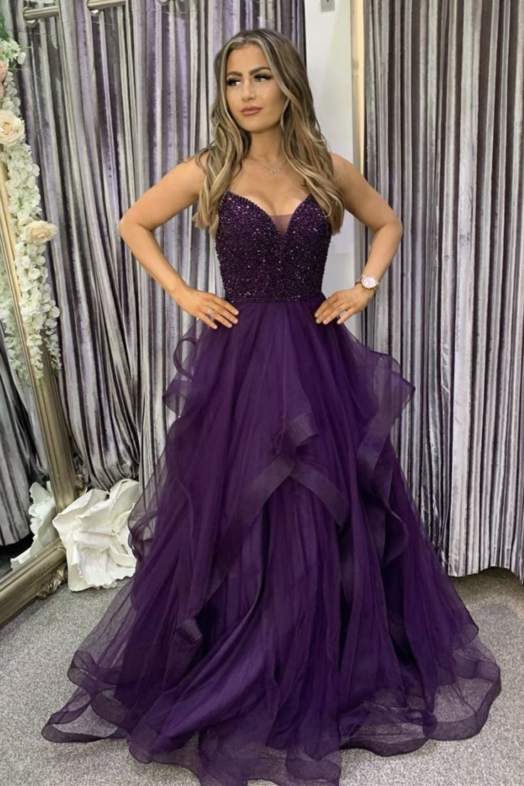 Vintage Purple Sweetheart Beaded Evening Dress A-Line Spaghetti Strap Tulle Long Prom Dress TP5061
