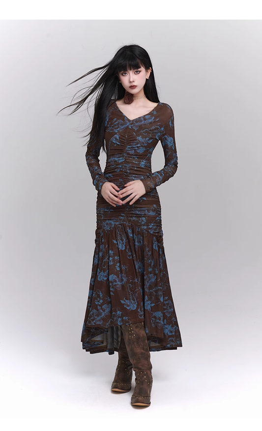 New Fashion Design Floral Pattern Women Long-sleeved Dress TP2946