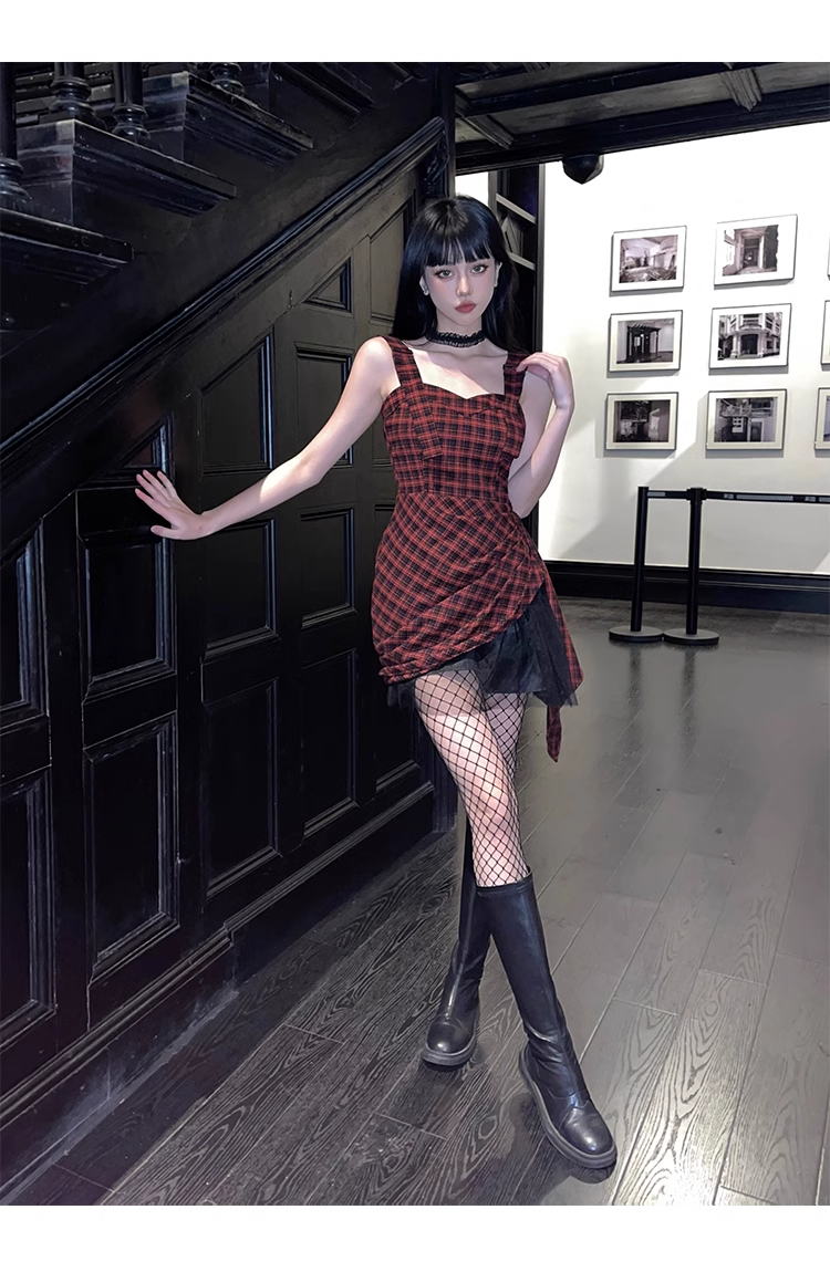 New Fashion Design Sense Red & Black Plaid Spaghetti Strap Dress TP2922