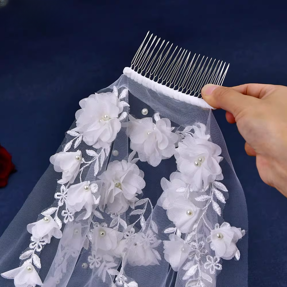 Vintage White Floral Embroidered Bridal Veil 3D Flower Beaded Cathedral-Length Wedding Veil TP5622