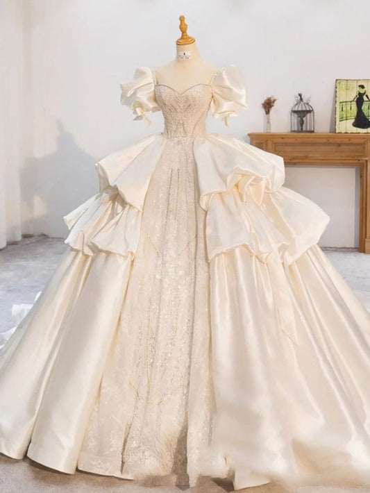 Glamorous A-Line Puff Sleeve Satin Beaded Bodice Wedding Dress Layered Ruffles Bridal Gown TP5087