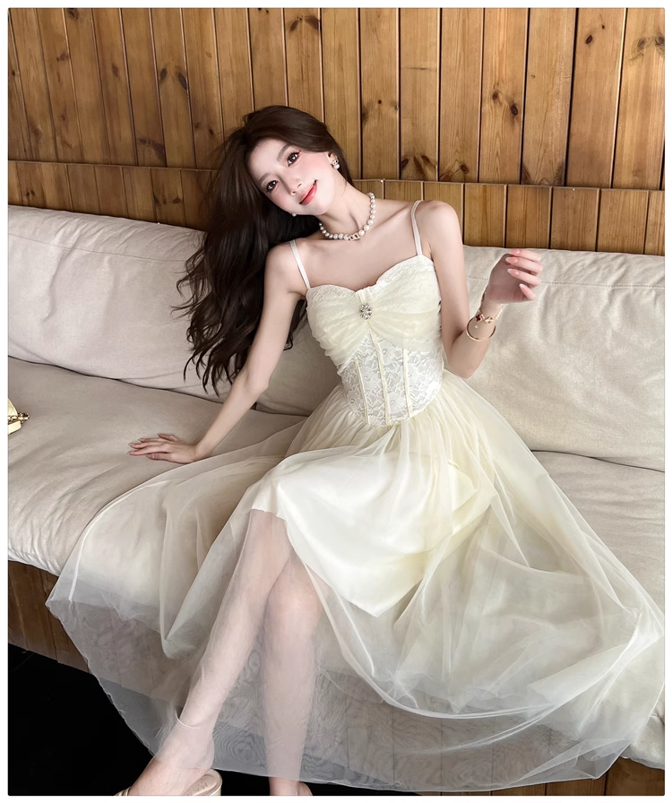 Simple Fashion Mesh Dress Design A-line Long High-waisted Spaghetti Strap Dress TP3331