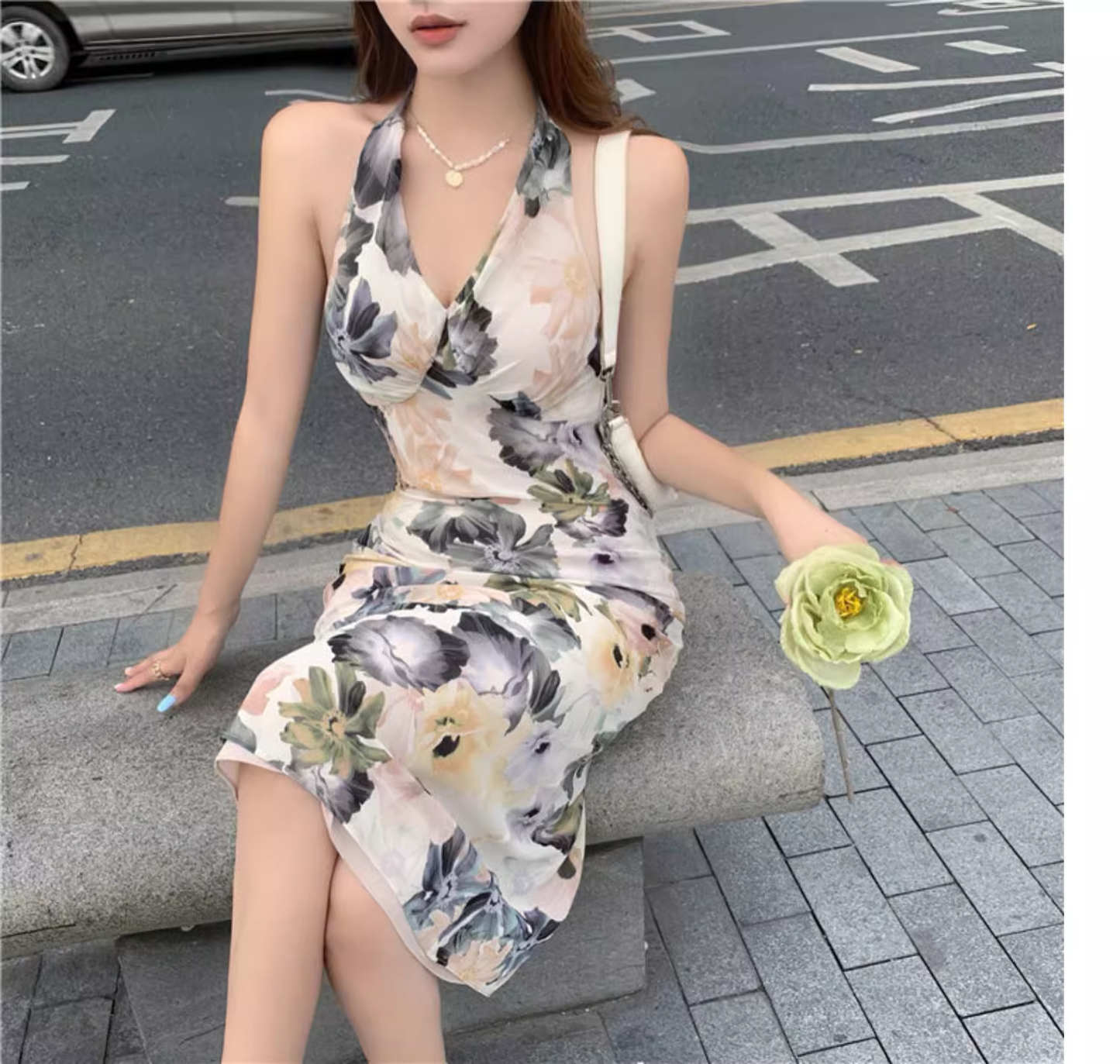Stylish Elegant V-neck Floral Design Slim Halter Dress TP3005