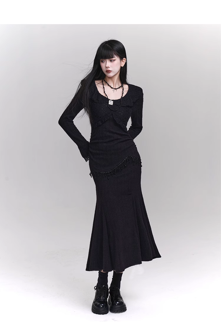 Elegant Fashion Tassels Lace Cuff Design Long-sleeved Dress TP2947
