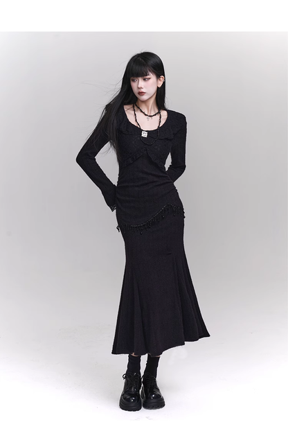 Elegant Fashion Tassels Lace Cuff Design Long-sleeved Dress TP2947