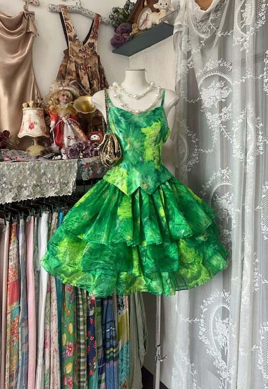 Vintage Green Exquisite Tie-dye Design A-Line Short Tiered Homecoming Dress Party Dress TP4200