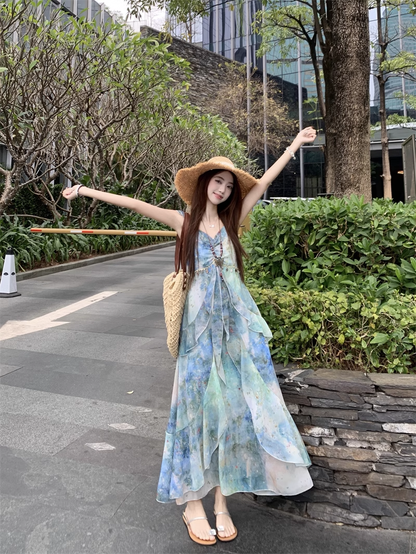 New Fashion Irregular Ruffled Dress Hem Design Beach Holiday A-line Sleeveless Floral Dress TP3320