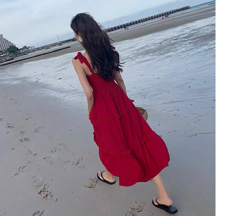 New Fashion Red Casual Sleeveless Beach Spaghetti Strap Dress TP2978