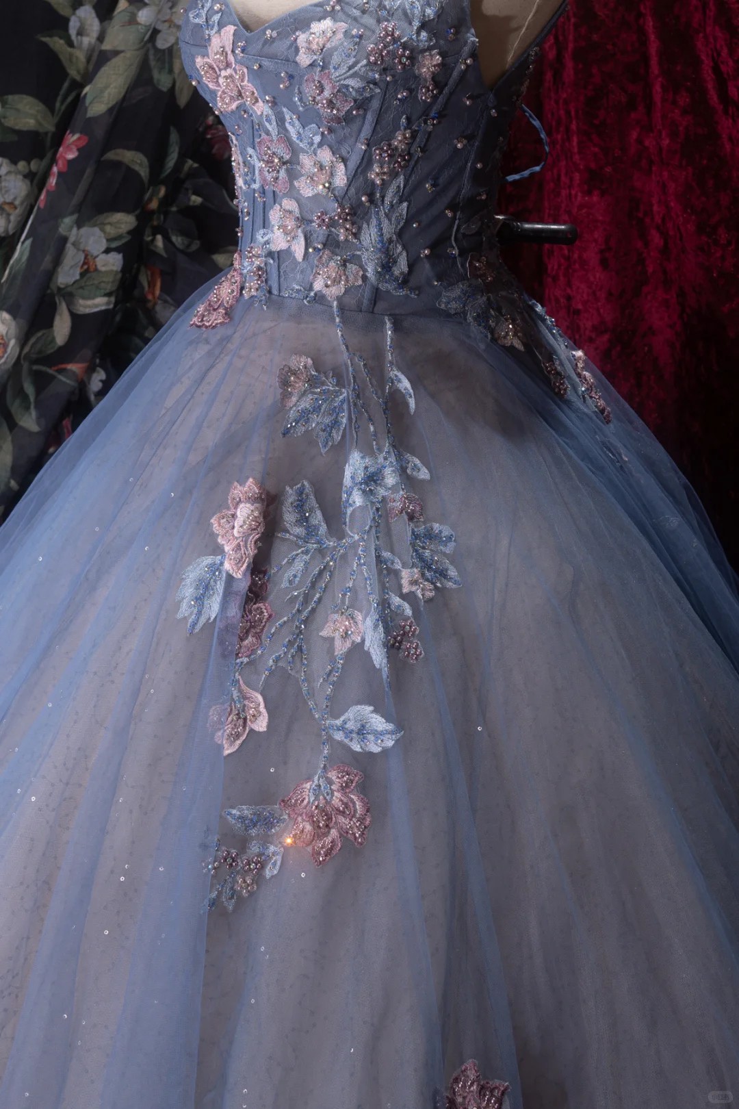 Gorgeous Dusty Blue Sparkly Tulle Sweetheart Neck 3D Floral Appliques Ball Gown TP5794