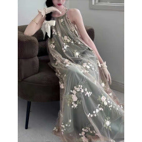 Simple Floral Embroidery Slimming Mesh Dress TP2850