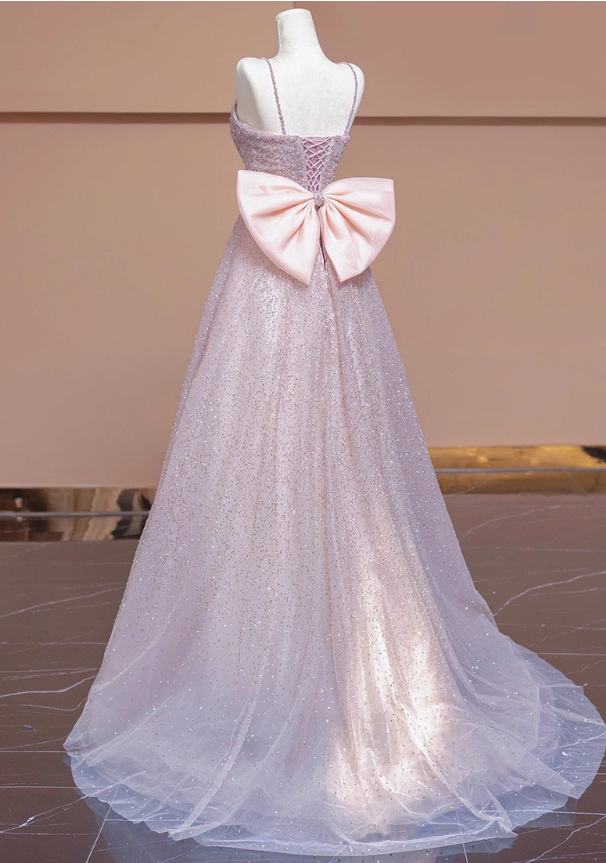 Elegant Pink Spaghetti Strap A-Line Glittering Tulle Bow Evening Gown TP5264