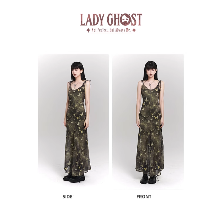 Vintage Butterfly Green Mesh Spaghetti Strap Dress TP2911