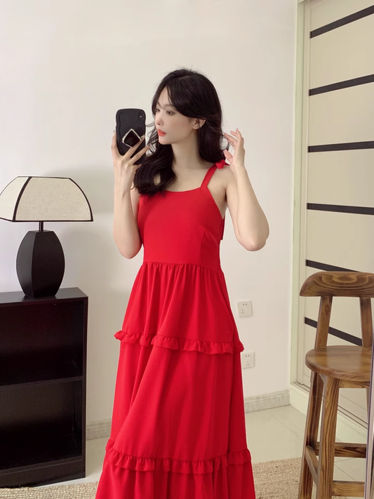 New Fashion Red Casual Sleeveless Beach Spaghetti Strap Dress TP2978
