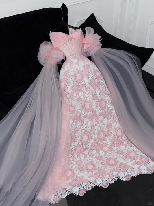 Vintage Pink Applique Bow Design A-Line Prom Dress Evening Dress TP4219