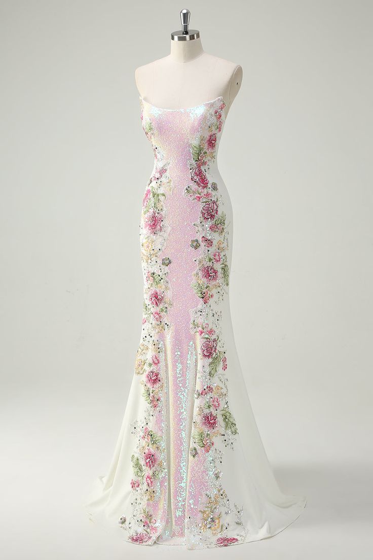 Elegant Pink Floral Sequin Mermaid Evening Gown Strapless Prom Dress TP5626