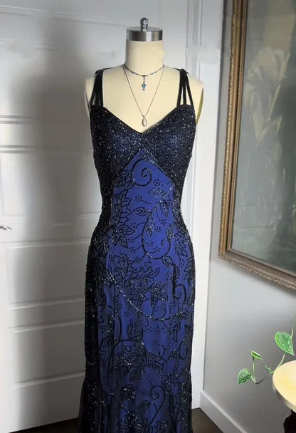 Classic Navy Mermaid Strap Lace Long Ball Gown Evening Dress TP2018