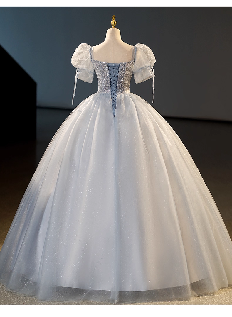 Elegant Dusty Blue A-Line Beaded Evening Gown Tulle Short-sleeved Party Dress Long Formal Dress TP4943