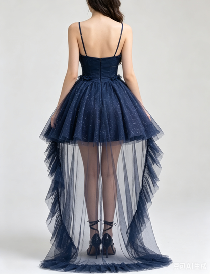 Elegant Navy Sparkly Glitter Tulle Spaghetti Strap Ruffle Corset A-Line Homecoming Dress TP5988