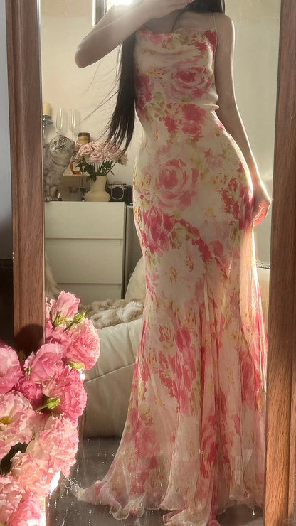 Retro Pink Floral Spaghetti Strap Design Elegant Chiffon Evening Dress Prom Dresses TP3990