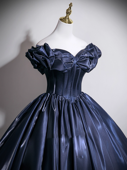 Gorgeous Navy Blue Satin Off-the-shoulder Sweet 16 Quinceanera A-Line Ruffled Evening Dress Ball Gown TP4914